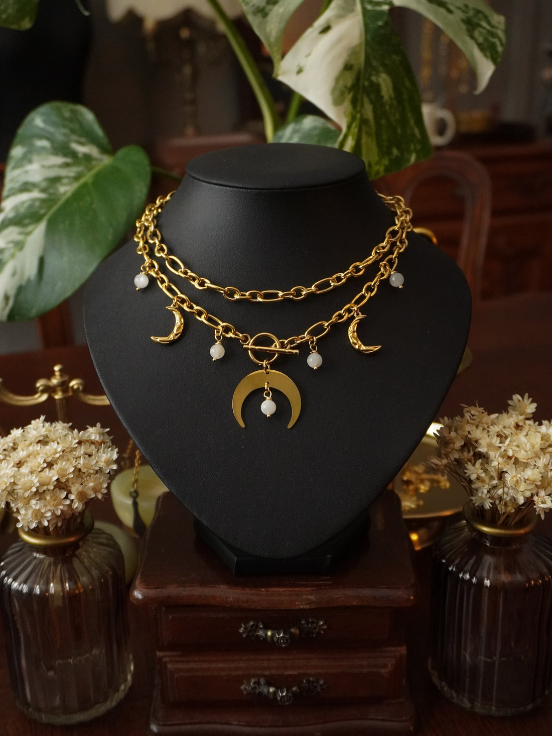 Collier « Triple Moon »🌛🌚🌜•Pierre de lune • Doré