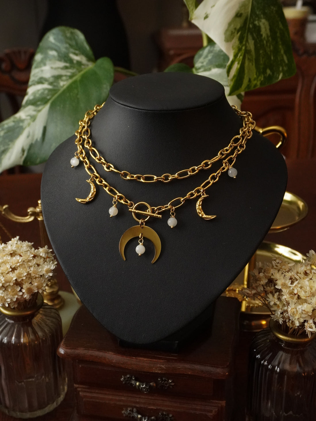 Collier « Triple Moon »🌛🌚🌜•Pierre de lune • Doré