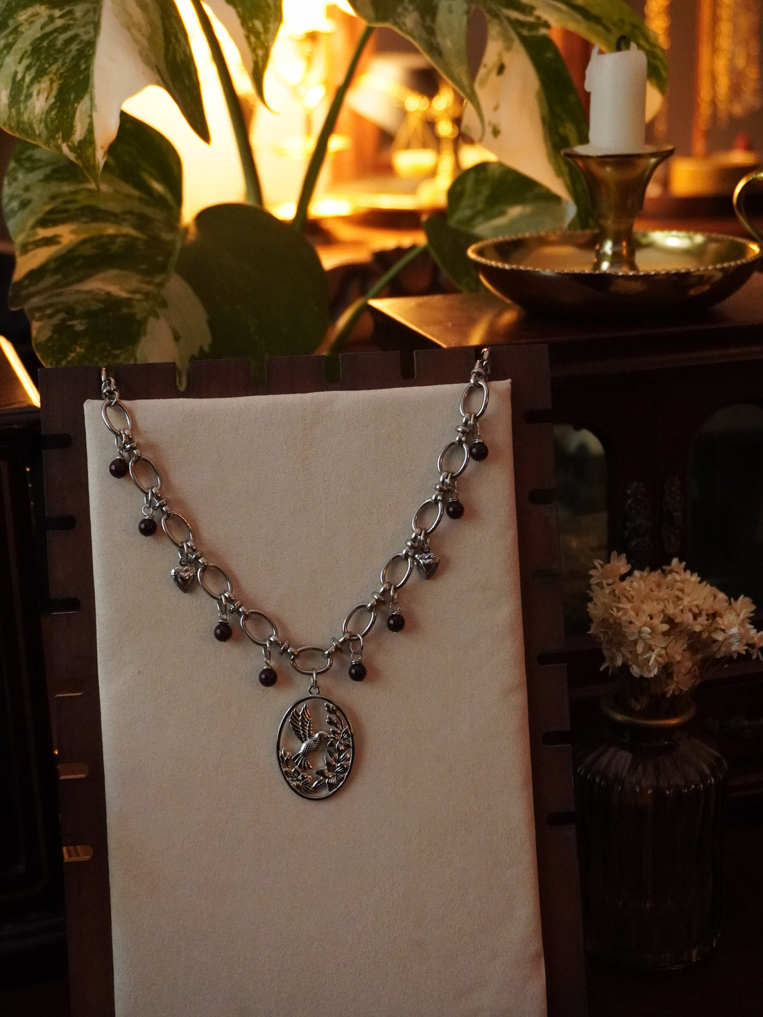 Collier « Colibri » 🪶• Ambre cognac • Argenté